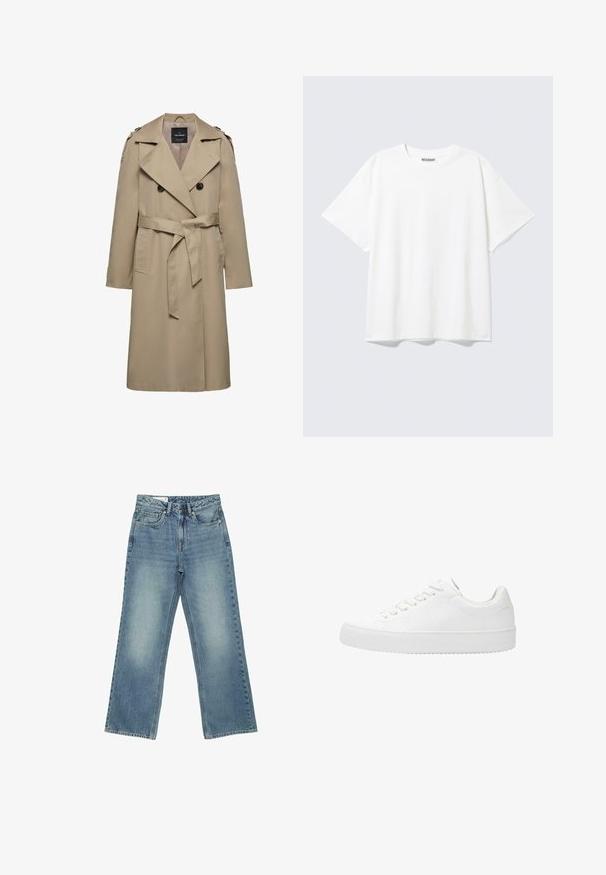 Trench-coat beige à double boutonnage avec larges revers, ceinture à la taille, épaulettes aux épaules et poches latérales, longueur mi-cuisse avec intérieur doublé.; T-shirt blanc à manches courtes, col rond, coupe décontractée et étiquette "WEEKDAY" à l’intérieur du dos du col.; Jean bleu taille haute à jambes droites, cinq poches, fermeture par boutons et légère décoloration subtile sur l'avant des cuisses.; Sneaker blanc à lacets avec une tige en cuir lisse, bout rond et semelle en caoutchouc plate. Design minimaliste avec une palette de couleurs unie.