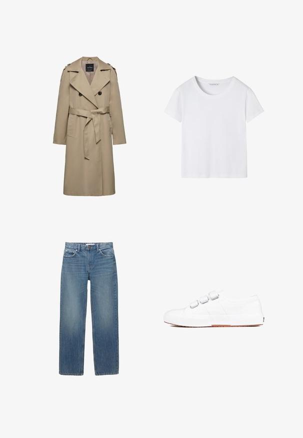 Beige dubbelgeknoopte trenchcoat met brede revers, riem in de taille, schouderepauletten en zijzakken, halflang met gevoerde binnenkant.; Effen wit T-shirt met korte mouwen, ronde hals en middelgrote label, plat gelegd op een witte achtergrond.; Lichtblauwe denim jeans met een rechte snit, vijf zakken en koperen hardware. De stof heeft een lichte vervaging en een gladde textuur.; Witte canvas sneakers met een textuurafwerking, voorzien van drie verstelbare banden en een stevige rubberen zool in lichtbruin. Minimalistisch ontwerp.