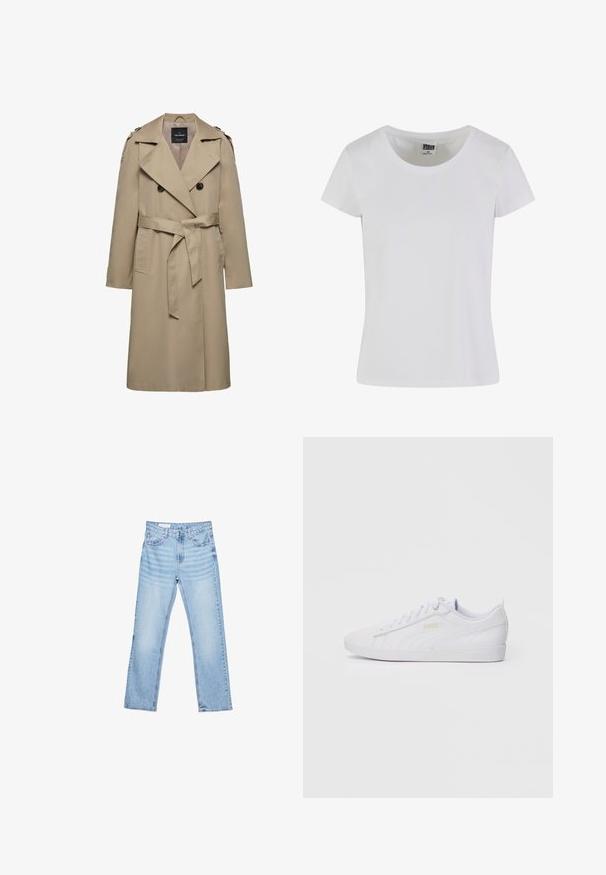Beige dobbeltradet trenchcoat med brede slag, bælte i taljen, skulderstropper og sidelommer, mellemlang længde med foret indvendigt.; Hvid, kortærmet t-shirt lavet af bomuld. Har en rund halsudskæring og en tætsiddende form. Lappen læser "URBAN CLASSICS."; Lyseblå denimjeans med lige pasform, fem-lomme-design og synlig syning. Mellem-høj talje med klassisk knap- og lynlåslukning.; Hvide low-top Puma sneakers med snørebånd front, diskret branding på siden og sålen, samt en glat syntetisk overdel til hverdag.