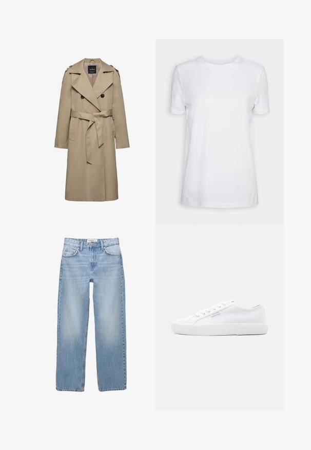 Beige dobbeltradet trenchcoat med brede slag, bælte i taljen, skulderstropper og sidelommer, mellemlang længde med foret indvendigt.; Simpel hvid T-shirt med korte ærmer og rund hals, normal pasform og et lille indvendigt mærke på nakken med teksten "SELECTED FEMME."; Lyseblå denimbukser med lige ben, fem-pockets stil og synlige syninger. Stofmaterialet har en blød, let falmet tekstur.; Hvid low-top sneaker med platformsål, snørebånd foran og lille Calvin Klein logo på siden.