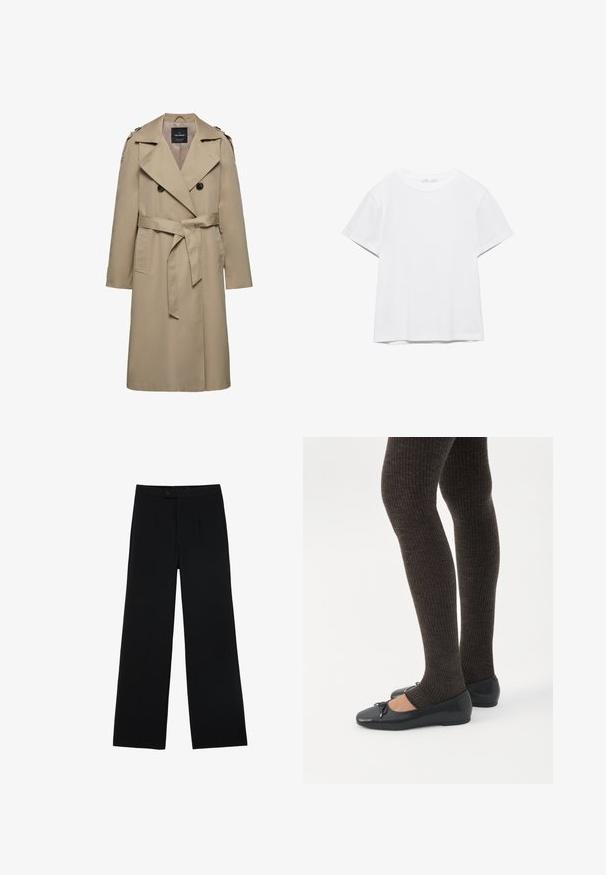 Beige dubbelgeknoopte trenchcoat met brede revers, riem in de taille, schouderepauletten en zijzakken, halflang met gevoerde binnenkant.; Effen wit T-shirt met korte mouwen en ronde hals, met een rechte zoom, gepresenteerd tegen een witte achtergrond.; Zwarte wijde broek van gladde stof, met een ritssluiting aan de voorkant en twee plooien voor extra detail. Over het geheel een nauwkeurige pasvorm.; Benen met donkere geribbelde leggings gecombineerd met zwarte ballerina's met kleine strikdetails op een witte achtergrond.