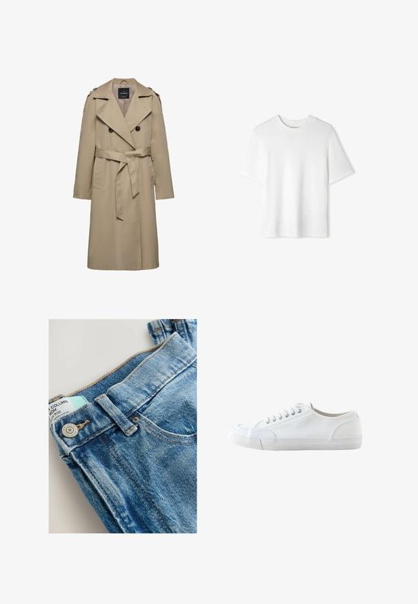 Beige dubbelgeknoopte trenchcoat met brede revers, riem in de taille, schouderepauletten en zijzakken, halflang met gevoerde binnenkant.; Effen wit T-shirt met korte mouwen en een ronde hals, plat weergegeven op een witte achtergrond.; Lichtblauwe hoge taille denim jeans met een vervaagde textuur, voorzien van een metalen knoop, contrasterende stiksels en een label zichtbaar bij de tailleband.; Witte lage canvas sneaker met witte veters en rubberen zool, gezien van opzij op een witte achtergrond.