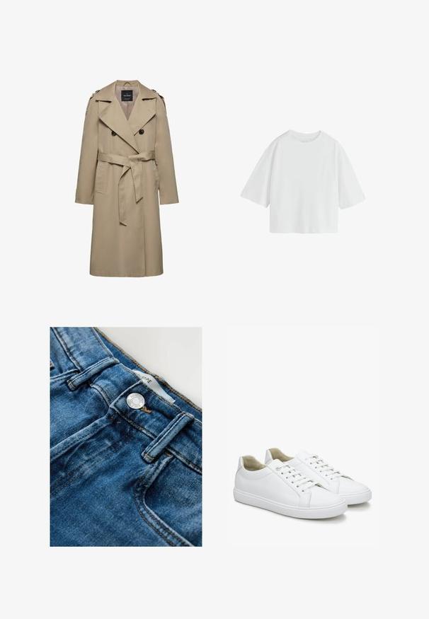 Beige dubbelgeknoopte trenchcoat met brede revers, riem in de taille, schouderepauletten en zijzakken, halflang met gevoerde binnenkant.; Effen witte oversized T-shirt met korte mouwen, een ronde hals en een losse pasvorm.; Lichtblauwe spijkerbroek van denim met een ritssluiting en metalen knoop. Heeft contrasterende stiksels en een klassiek ontwerp met vijf zakken.; Witte leren sneakers met een gladde textuur, ronde neuzen en platte rubberen zolen. Voorzien van veters en een minimalistisch ontwerp zonder patronen.