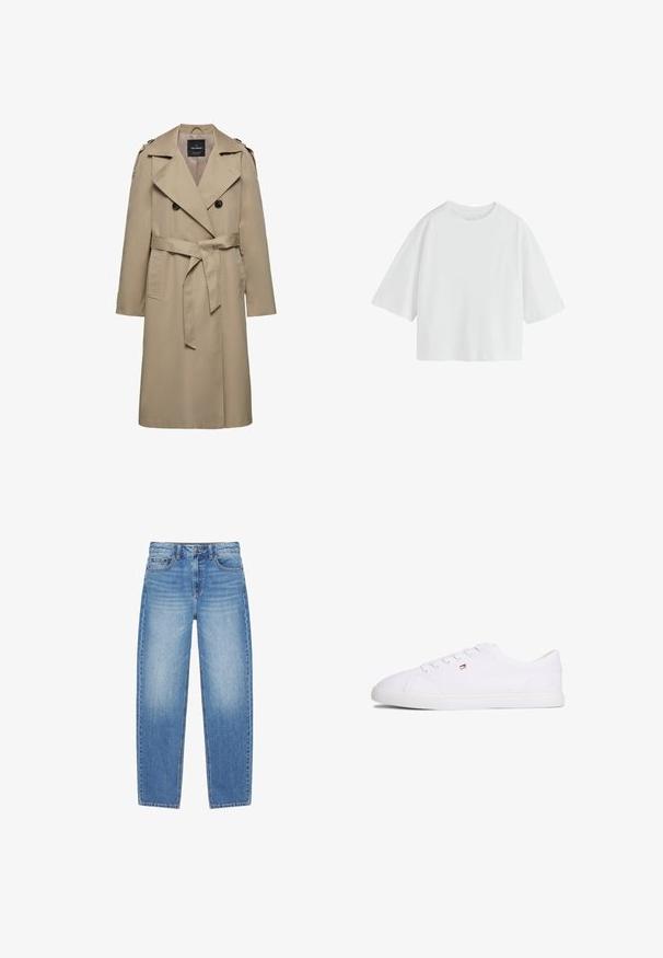 Beige dubbelgeknoopte trenchcoat met brede revers, riem in de taille, schouderepauletten en zijzakken, halflang met gevoerde binnenkant.; Effen witte oversized T-shirt met korte mouwen, een ronde hals en een losse pasvorm.; Blauwe highwaisted rechtvallende spijkerbroek met knoop- en ritssluiting aan de voorkant, voor- en achterzakken en vervaagde details.; Witte lage sneaker met vetersluiting en een klein rood-wit-blauw logo aan de zijkant, platte rubberen zool.