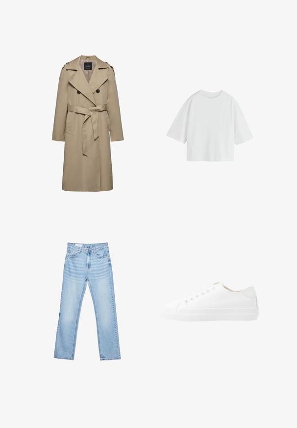 Beige dobbeltradet trenchcoat med brede slag, bælte i taljen, skulderstropper og sidelommer, mellemlang længde med foret indvendigt.; Simpel hvid oversized T-shirt med korte ærmer, rund hals og løs pasform.; Lyseblå straight-leg denim jeans med forlommer, bæltestropper og knap- og lynlåslukning, vist fladt på hvid baggrund.; Hvide kanvas sneakers med lavt design, rund tå, seks snørehuller og en struktureret gummisål. Glat materiale med minimale detaljer.