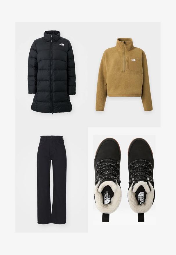 Mustmust coat kõrge krae, lukuga esiosa ja horisontaalsete õmblemistega, vasakul rinnal logo. Keskmise pikkusega disain.; Beežikarva fliisist pullover poolluku kaelusega, ees tasku ja elastne ääreosa; iseloomustab pehme, tekstuuriga pind ja valge logo aktsent.; Mustad kõrge vöökoha ja laiad varrukad teksad esi nööbiga ja lukuga, vöökohaga aasadega ja kahe ettehitatud taskuga valgel taustal.; Mustad musta veekindlad pahkluu saapad, faux karusnahast voodriga, tekstureeritud kangaga, valgete ja mustade mustritega paeltega ning kannal tõmbetabaga.
