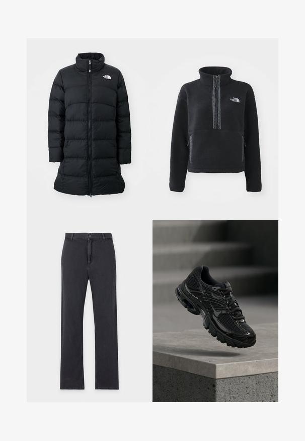 Schwarze Daunenjacke mit hohem Kragen, Reißverschluss auf der Vorderseite und gesteppten horizontalen Nähten, mit einem Logo auf der linken Brust. Mittellanges Design.; Schwarzer Fleece-Pullover mit hohem Kragen, Viertel-Reißverschluss, Fronttasche und kontrastierenden Nähten. Mit The North Face-Logo auf der Brust.; Schwarze Jeans mit geradem Bein, vorderem Knopf- und Reißverschluss, Gürtelschlaufen und klassischem Fünf-Taschen-Design, flach auf weißem Hintergrund liegend.; Schwarzer Nike Laufschuh mit Mesh- und Synthetik-Obermaterial, der über einer Betonfläche und Treppen im Hintergrund schwebt.