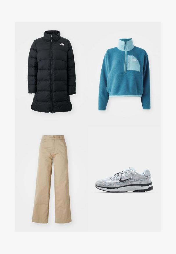Mustmust coat kõrge krae, lukuga esiosa ja horisontaalsete õmblemistega, vasakul rinnal logo. Keskmise pikkusega disain.; Sinine fliispullover, millel on osaline tõmblukk, kõrge krae ja eesmine tasku. Rikkalikult kergema sinise äärisega ja kangatekstuuriga.; Bežid laihted püksid, mis on valmistatud puuvillast, nööbiga kinnituse ja vöörihmadega, sujuva tekstuuri ja puhta viimistlusega.; Nike P-6000 tenniset heleda halli võrgust pealteega, mustade aktsentidega ja vastupidava musta kummist tallaga. Omab keerukat disaini ja paeltesüsteemi.