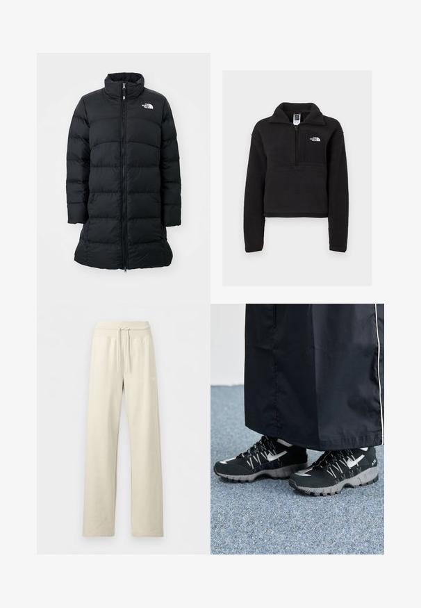Sort pufferjakke med højt krave, lynlås foran og quiltede horisontale sømme, med et logo på venstre bryst. Mellemlang model.; Sort fleece pullover med en kvart lynlås, høj krave og en brystlomme med et hvidt logo. Blød tekstur og cropped design.; Beige vidbenede joggingbukser med ribstrikket snor i taljen og diskret logo på højre lår, vist på en ensfarvet baggrund.; Sorte sportsko med en struktureret overdel, sølvdetaljer og en mønstret ydersål, parret med et langt sort plagg. Sat mod blå tæpper.
