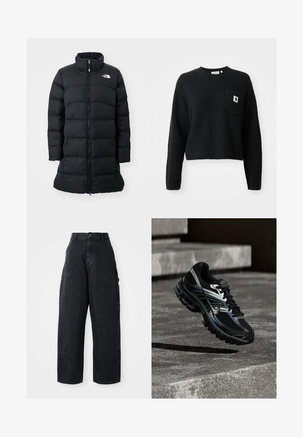 Sort pufferjakke med højt krave, lynlås foran og quiltede horisontale sømme, med et logo på venstre bryst. Mellemlang model.; Sort ribbenstrikket sweater med rund hals, lange ærmer og en frontlomme med et lille logo patch. Forkortet længde.; Sorte denim cargo bukser med vidde og høj talje, to store forlommer og knaplukning i taljen. Glat tekstur, casual design.; Sort og sølv Nike løbesko svævende over betontrappe, viser detaljeret design og tekstureret sål i udendørs omgivelser.