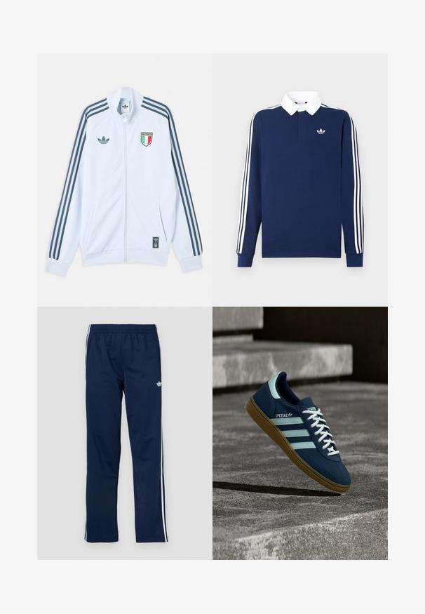 Λευκό μπουφάν Adidas με φερμουάρ και σκούρες μπλε ρίγες στα μανίκια, έμβλημα Ιταλίας στο στήθος και λογότυπο Adidas στο μπροστινό μέρος και στο κάτω άκρο.; Μακρυμάνικη πόλο μπλούζα σε σκούρο μπλε χρώμα, βαμβακερό ύφασμα, λευκό γιακά, με τρεις κλασικές λευκές ριγέ κατά μήκος των μανικιών και ένα μικρό λογότυπο στο στήθος.; Ναυτικό μπλε αθλητικό παντελόνι με ελαστική μέση, λευκές ρίγες στο πλάι και κεντητό λογότυπο στο αριστερό μηρό. Λείο ύφασμα.; Μπλε sneaker Adidas Spezial με λευκές ρίγες και κορδόνια, λαστιχένια σόλα, αιωρείται πάνω από τραχιά επιφάνεια σκυροδέματος και σκαλοπάτια στο φόντο.