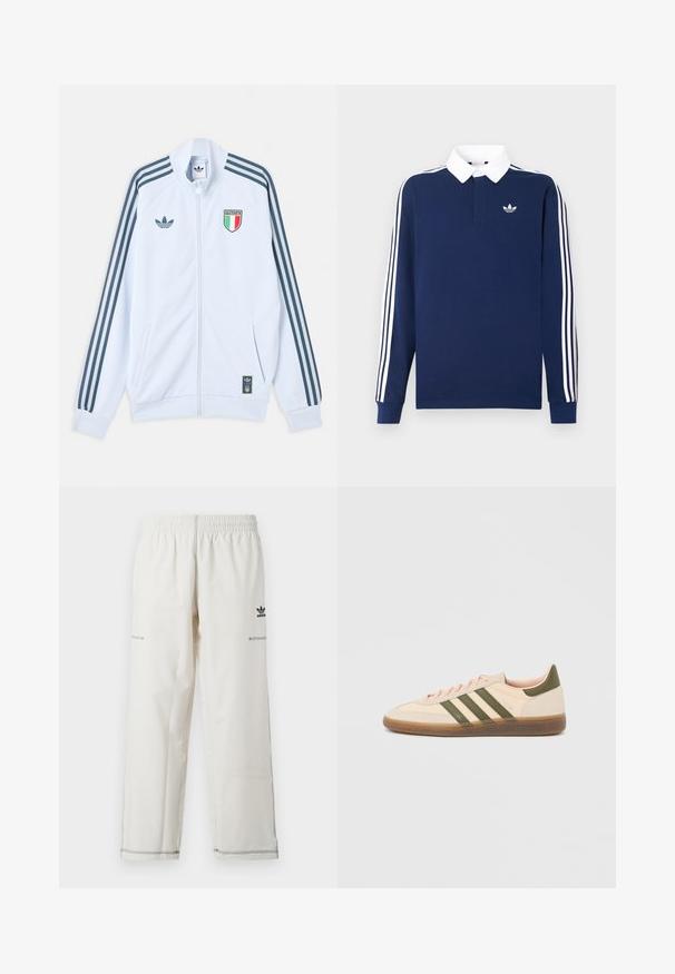 Λευκό μπουφάν Adidas με φερμουάρ και σκούρες μπλε ρίγες στα μανίκια, έμβλημα Ιταλίας στο στήθος και λογότυπο Adidas στο μπροστινό μέρος και στο κάτω άκρο.; Μακρυμάνικη πόλο μπλούζα σε σκούρο μπλε χρώμα, βαμβακερό ύφασμα, λευκό γιακά, με τρεις κλασικές λευκές ριγέ κατά μήκος των μανικιών και ένα μικρό λογότυπο στο στήθος.; Άσπρο αθλητικό παντελόνι με ελαστική μέση, πλαϊνές τσέπες και μαύρο λογότυπο adidas με διακοσμητικές ραφές. Λείο, ελαφρύ ύφασμα.; Χαμηλού προφίλ μπεζ αθλητικό παπούτσι Adidas Spezial με πράσινες ρίγες, σόλα από καουτσούκ και την επωνυμία "SPEZIAL" στην πλευρά, εμφανίζεται από την εξωτερική πλευρά.