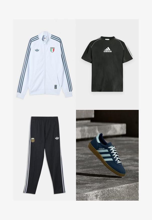 Λευκό μπουφάν Adidas με φερμουάρ και σκούρες μπλε ρίγες στα μανίκια, έμβλημα Ιταλίας στο στήθος και λογότυπο Adidas στο μπροστινό μέρος και στο κάτω άκρο.; Μαύρο κοντομάνικο μπλουζάκι με λευκό λογότυπο Adidas στο στήθος και λευκές ρίγες στους ώμους. Κατασκευασμένο από λείο ύφασμα, άνετη εφαρμογή.; Μαύρο αθλητικό παντελόνι Adidas με λευκές πλαϊνές ρίγες, ελαστική μέση, έμβλημα της Αργεντινής Ποδοσφαιρικής Ομοσπονδίας στον αριστερό μηρό και λογότυπο Adidas στον δεξί μηρό.; Μπλε sneaker Adidas Spezial με λευκές ρίγες και κορδόνια, λαστιχένια σόλα, αιωρείται πάνω από τραχιά επιφάνεια σκυροδέματος και σκαλοπάτια στο φόντο.
