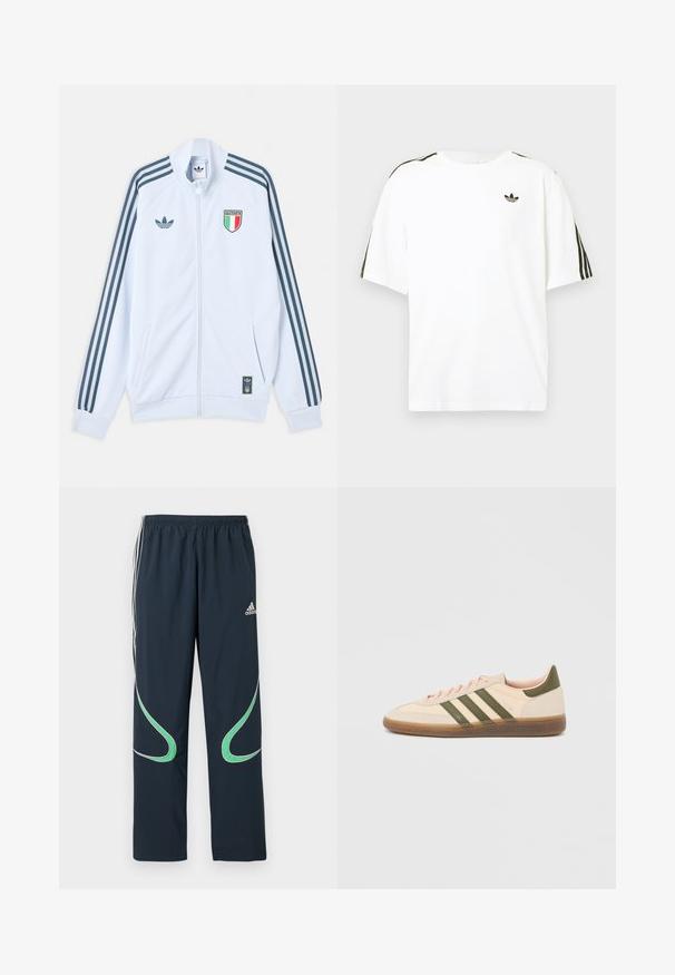 Λευκό μπουφάν Adidas με φερμουάρ και σκούρες μπλε ρίγες στα μανίκια, έμβλημα Ιταλίας στο στήθος και λογότυπο Adidas στο μπροστινό μέρος και στο κάτω άκρο.; Λευκό βαμβακερό t-shirt με κοντά μανίκια, με μαύρες τρεις ρίγες στους ώμους και ένα μικρό μαύρο λογότυπο στο στήθος.; Σκούρα μπλε παντελόνια αθλητικά από ελαφρύ ύφασμα, με λευκές ρίγες στα πλάγια και πράσινες καμπυλωτές λεπτομέρειες. Ελαστική μέση για άνεση.; Χαμηλού προφίλ μπεζ αθλητικό παπούτσι Adidas Spezial με πράσινες ρίγες, σόλα από καουτσούκ και την επωνυμία "SPEZIAL" στην πλευρά, εμφανίζεται από την εξωτερική πλευρά.