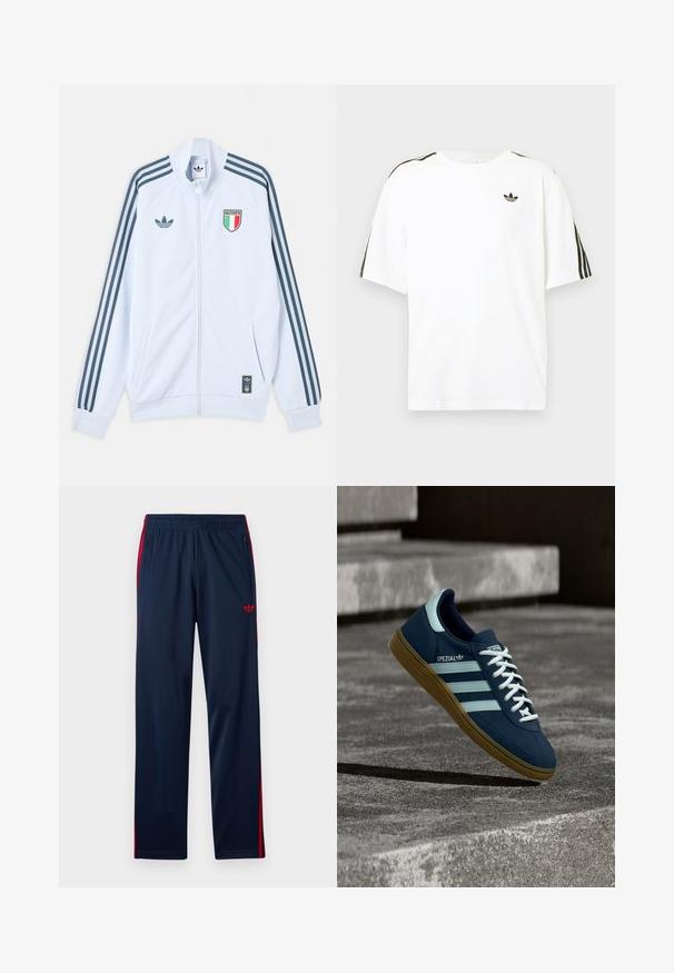 Λευκό μπουφάν Adidas με φερμουάρ και σκούρες μπλε ρίγες στα μανίκια, έμβλημα Ιταλίας στο στήθος και λογότυπο Adidas στο μπροστινό μέρος και στο κάτω άκρο.; Λευκό βαμβακερό t-shirt με κοντά μανίκια, με μαύρες τρεις ρίγες στους ώμους και ένα μικρό μαύρο λογότυπο στο στήθος.; Αθλητικό παντελόνι σε ναυτικό μπλε με κόκκινες ρίγες στο πλάι, ελαστική μέση, τσέπες με φερμουάρ και κόκκινο λογότυπο Adidas trefoil στο αριστερό μηρό.; Μπλε sneaker Adidas Spezial με λευκές ρίγες και κορδόνια, λαστιχένια σόλα, αιωρείται πάνω από τραχιά επιφάνεια σκυροδέματος και σκαλοπάτια στο φόντο.