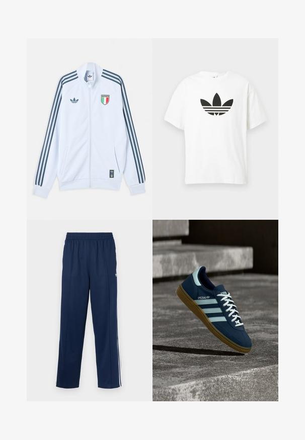 Λευκό μπουφάν Adidas με φερμουάρ και σκούρες μπλε ρίγες στα μανίκια, έμβλημα Ιταλίας στο στήθος και λογότυπο Adidas στο μπροστινό μέρος και στο κάτω άκρο.; Λευκό βαμβακερό μπλουζάκι με μεγάλο μαύρο λογότυπο trefoil της Adidas και τρεις οριζόντιες γνωστές ρίγες από κάτω. Κοντά μανίκια, στρογγυλή λαιμόκοψη.; Αθλητικό παντελόνι σε ναυτικό μπλε χρώμα με υφή, ελαστική μέση και λευκές πλευρικές ρίγες. Διαθέτει ίσια γραμμή και χωρίς τσέπες.; Μπλε sneaker Adidas Spezial με λευκές ρίγες και κορδόνια, λαστιχένια σόλα, αιωρείται πάνω από τραχιά επιφάνεια σκυροδέματος και σκαλοπάτια στο φόντο.