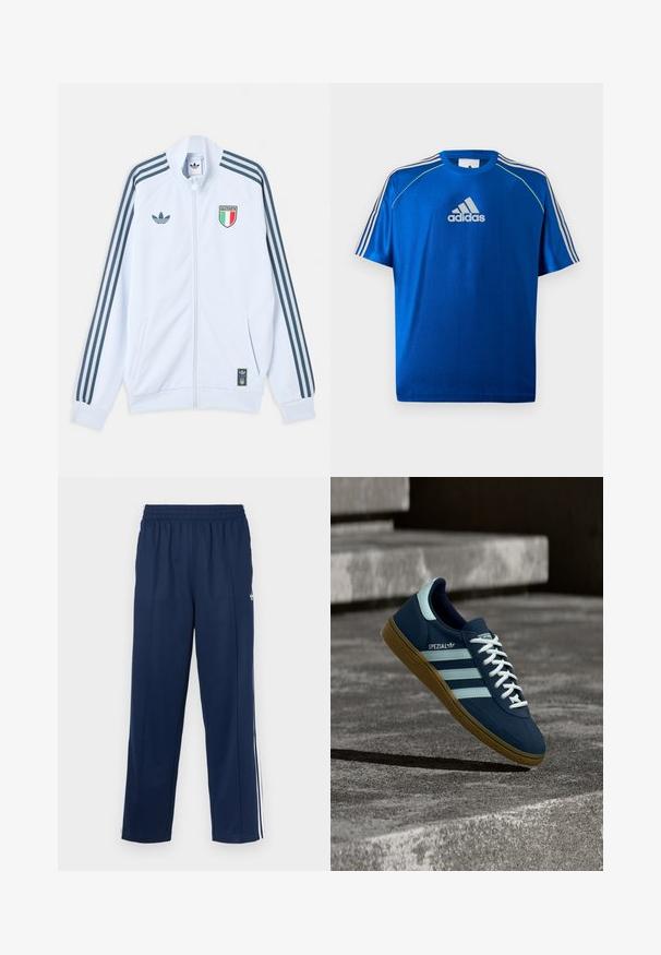 Λευκό μπουφάν Adidas με φερμουάρ και σκούρες μπλε ρίγες στα μανίκια, έμβλημα Ιταλίας στο στήθος και λογότυπο Adidas στο μπροστινό μέρος και στο κάτω άκρο.; Μπλε αθλητική μπλούζα Adidas με λευκό λογότυπο στο στήθος, λευκές ρίγες στους ώμους και νέον κίτρινο περίγραμμα στις ραφές των ώμων.; Αθλητικό παντελόνι σε ναυτικό μπλε χρώμα με υφή, ελαστική μέση και λευκές πλευρικές ρίγες. Διαθέτει ίσια γραμμή και χωρίς τσέπες.; Μπλε sneaker Adidas Spezial με λευκές ρίγες και κορδόνια, λαστιχένια σόλα, αιωρείται πάνω από τραχιά επιφάνεια σκυροδέματος και σκαλοπάτια στο φόντο.