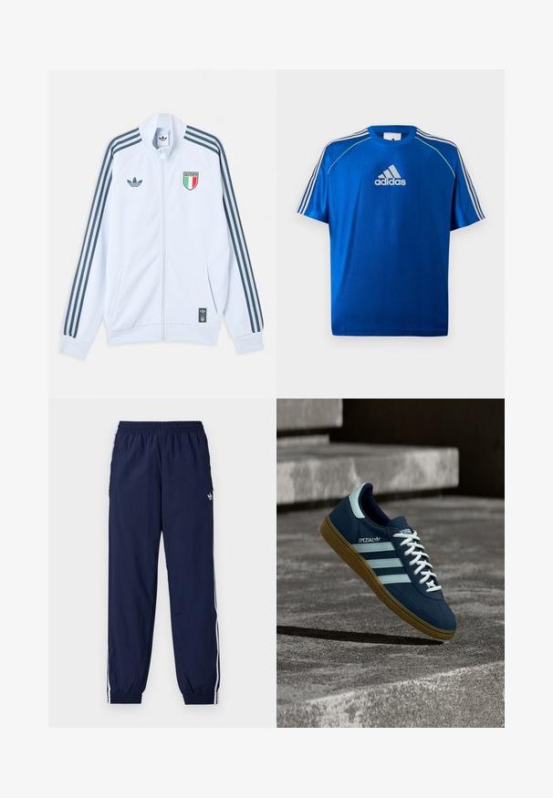 Λευκό μπουφάν Adidas με φερμουάρ και σκούρες μπλε ρίγες στα μανίκια, έμβλημα Ιταλίας στο στήθος και λογότυπο Adidas στο μπροστινό μέρος και στο κάτω άκρο.; Μπλε αθλητική μπλούζα Adidas με λευκό λογότυπο στο στήθος, λευκές ρίγες στους ώμους και νέον κίτρινο περίγραμμα στις ραφές των ώμων.; Σκούρο μπλε παντελόνι φόρμας από ελαφρύ ύφασμα, με λευκές ρίγες στο πλάι, ελαστική μέση και μικρό λογότυπο.; Μπλε sneaker Adidas Spezial με λευκές ρίγες και κορδόνια, λαστιχένια σόλα, αιωρείται πάνω από τραχιά επιφάνεια σκυροδέματος και σκαλοπάτια στο φόντο.
