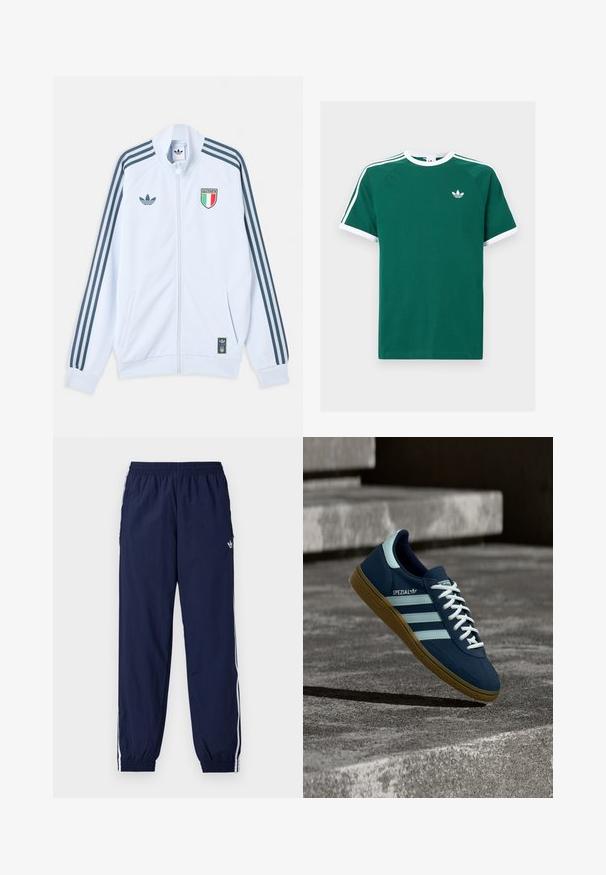 Λευκό μπουφάν Adidas με φερμουάρ και σκούρες μπλε ρίγες στα μανίκια, έμβλημα Ιταλίας στο στήθος και λογότυπο Adidas στο μπροστινό μέρος και στο κάτω άκρο.; Πράσινο βαμβακερό μπλουζάκι με λευκές λεπτομέρειες, featuring κοντά μανίκια, στρογγυλή λαιμόκοψη και τρεις λευκές ρίγες σε κάθε ώμο. Μικρό λογότυπο στο στήθος.; Σκούρο μπλε παντελόνι φόρμας από ελαφρύ ύφασμα, με λευκές ρίγες στο πλάι, ελαστική μέση και μικρό λογότυπο.; Μπλε sneaker Adidas Spezial με λευκές ρίγες και κορδόνια, λαστιχένια σόλα, αιωρείται πάνω από τραχιά επιφάνεια σκυροδέματος και σκαλοπάτια στο φόντο.