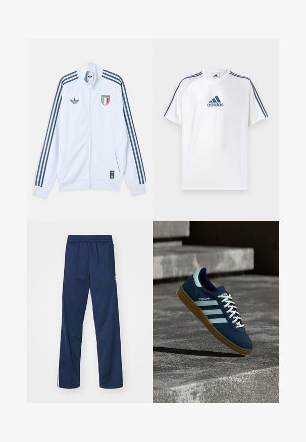 Λευκό μπουφάν Adidas με φερμουάρ και σκούρες μπλε ρίγες στα μανίκια, έμβλημα Ιταλίας στο στήθος και λογότυπο Adidas στο μπροστινό μέρος και στο κάτω άκρο.; Λευκό μπλουζάκι Adidas με μπλε λεπτομέρειες, κοντά μανίκια και στρογγυλή λαιμόκοψη. Φέρει το λογότυπο Adidas σε μπλε χρώμα στο μπροστινό μέρος και τρεις ρίγες στους ώμους.; Ναυτικό μπλε αθλητικά παντελόνια με ελαστική μέση, με λευκές ρίγες στα πλάγια και λογότυπο στο αριστερό μηρό.; Μπλε sneaker Adidas Spezial με λευκές ρίγες και κορδόνια, λαστιχένια σόλα, αιωρείται πάνω από τραχιά επιφάνεια σκυροδέματος και σκαλοπάτια στο φόντο.