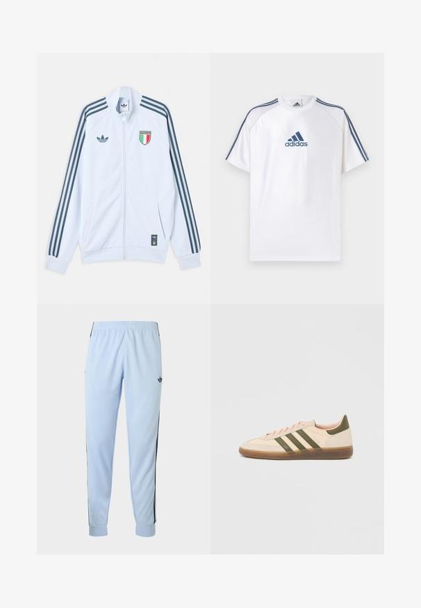 Λευκό μπουφάν Adidas με φερμουάρ και σκούρες μπλε ρίγες στα μανίκια, έμβλημα Ιταλίας στο στήθος και λογότυπο Adidas στο μπροστινό μέρος και στο κάτω άκρο.; Λευκό μπλουζάκι Adidas με μπλε λεπτομέρειες, κοντά μανίκια και στρογγυλή λαιμόκοψη. Φέρει το λογότυπο Adidas σε μπλε χρώμα στο μπροστινό μέρος και τρεις ρίγες στους ώμους.; Αθλητικό παντελόνι ανοιχτού γαλάζιου χρώματος με μαύρες ρίγες στα πλαϊνά, ελαστική μέση, μανσέτες στα περατά και το λογότυπο adidas στο δεξί μηρό.; Χαμηλού προφίλ μπεζ αθλητικό παπούτσι Adidas Spezial με πράσινες ρίγες, σόλα από καουτσούκ και την επωνυμία "SPEZIAL" στην πλευρά, εμφανίζεται από την εξωτερική πλευρά.