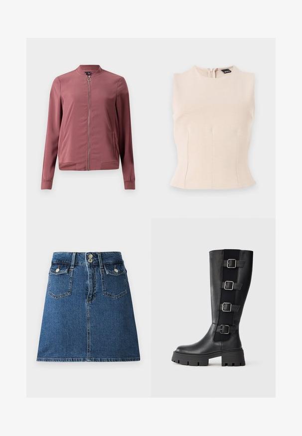 Veste bomber légère de couleur bordeaux avec un col rond, fermeture éclair avant et deux poches latérales. Présente des poignets et un ourlet côtelés pour un look ajusté.; Haut sans manches beige clair avec un col haut et une fermeture éclair au dos. Fabriqué en tissu doux, il présente des coutures sur le devant pour un ajustement structuré.; Jupe en denim bleu foncé, dotée d'une taille ajustée, de deux poches avant, de deux poches arrière et de fermetures à boutons en métal argenté.; Bottes noires en cuir, hauteur genou, avec trois sangles ajustables à boucles sur le côté, semelle en caoutchouc épaisse avec des rainures pour la traction.