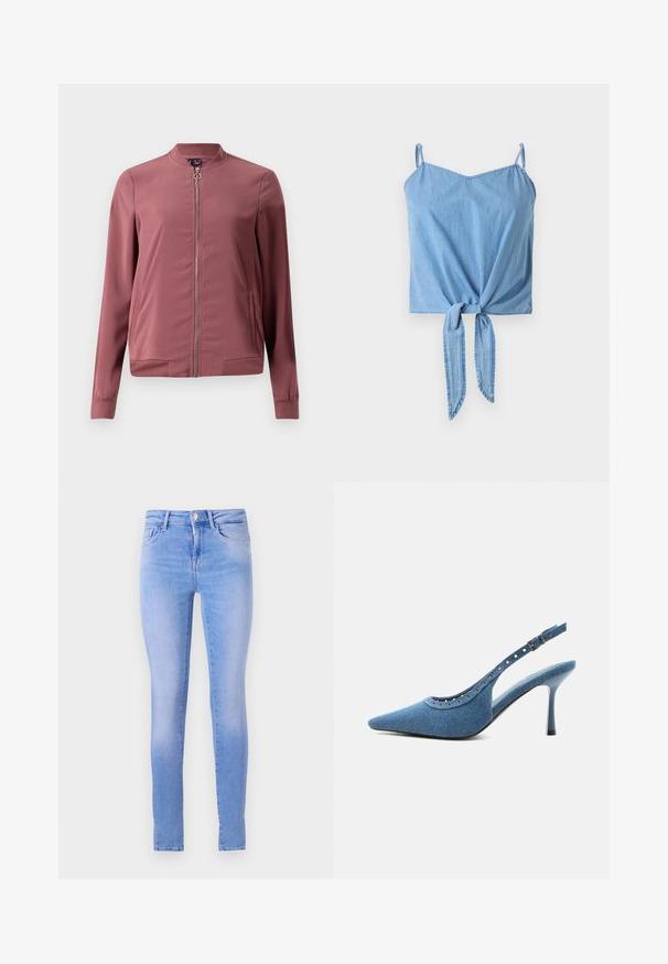 Letthvægts, kastanjemaroon bomberjakke med rund krave, frontlynlås og to sidelommer. Har ribbede manchetter og kant for et tætsiddende look.; Lys blå denim crop top med tynde justerbare stropper, en tvistet frontknude-detalje og en glat overflade.; Lyseblå skinny jeans med en falmet vask, der har et fem-lomme design, frontknaplukning og en ren kant.; Blå denim spids tå slingback sko med høj hæl, sølv øjendesign og justerbar spænde.