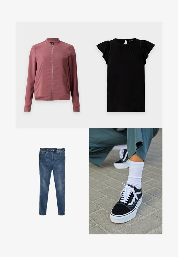 Veste bomber légère de couleur bordeaux avec un col rond, fermeture éclair avant et deux poches latérales. Présente des poignets et un ourlet côtelés pour un look ajusté.; Haut noir à manches courtes fabriqué en tissu doux, avec un col rond, des détails plissés et des manches flottantes avec une découpe au dos.; Jean skinny en denim bleu foncé avec taille moyenne, cinq poches et un léger délavage. Fermeture avec bouton et zip.; Baskets en suède noir avec des accents et des lacets blancs, présentant une épaisse semelle blanche et des coutures contrastantes, associées à une chaussette blanche.