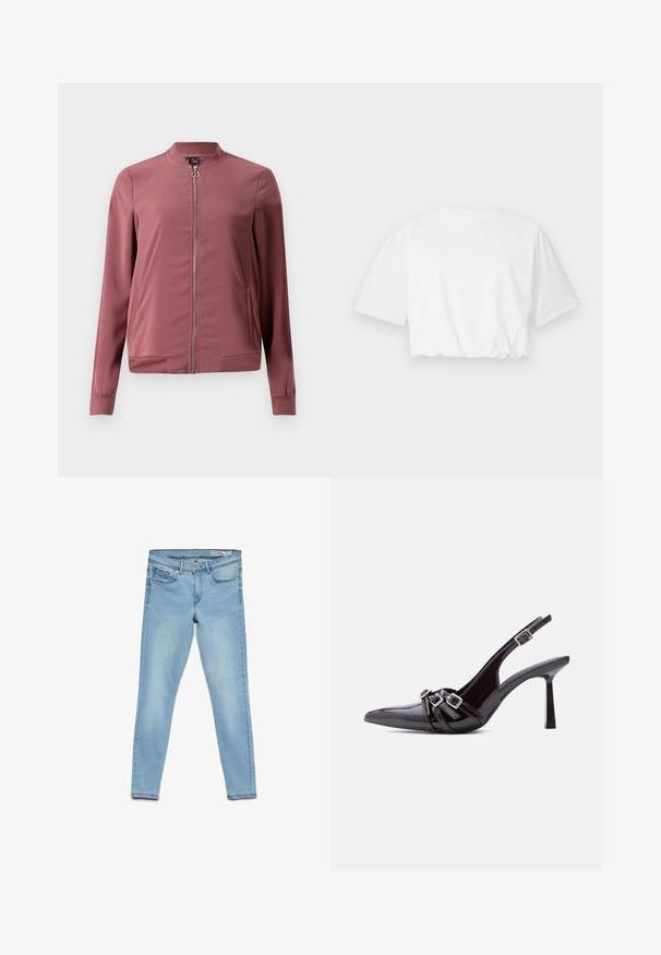 Letthvægts, kastanjemaroon bomberjakke med rund krave, frontlynlås og to sidelommer. Har ribbede manchetter og kant for et tætsiddende look.; Hvid kortærmet t-shirt med puffærmer, rund halsudskæring og samlet nederste kant, lavet af blødt bomuldsstof.; Lyseblå slimfit denimjeans med fem lommer, knap- og lynlås lukning, vist fladt på hvid baggrund.; Sort slingback højhælet sko i laklæder med spids tå og tre dekorative spænder over vristen.