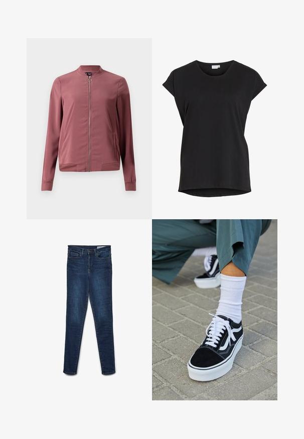 Letthvægts, kastanjemaroon bomberjakke med rund krave, frontlynlås og to sidelommer. Har ribbede manchetter og kant for et tætsiddende look.; Sort kortærmet afslappet t-shirt med opkrøjede ærmer og rund halsudskæring fra mærket VILA.; Slanke jeans i mørkeblåt denim. Har fem lommer, lynlås og bæltestropper. Glat tekstur med subtil farvevariation.; Sorte ruskinds sneakers med hvide accenter og snørebånd, der har en tyk hvid sål og kontrasterende syninger, parret med en hvid sok.