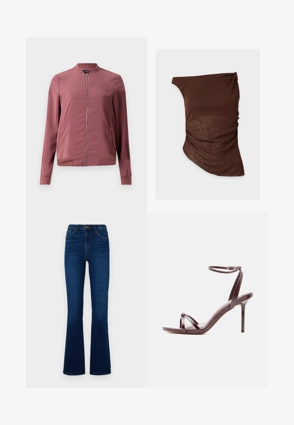 Veste bomber légère de couleur bordeaux avec un col rond, fermeture éclair avant et deux poches latérales. Présente des poignets et un ourlet côtelés pour un look ajusté.; Top asymétrique marron à une épaule avec un détail froncé sur un côté et un tissu relaxé légèrement transparent.; Jean évasé bleu foncé en denim avec une taille haute, doté de poches avant, d'une fermeture éclair et de détails de couture discrets.; Sandale à talon haut en cuir verni bordeaux avec fine bride à la cheville et brides croisées sur les orteils sur fond blanc.