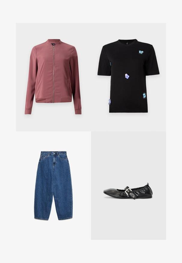 Letthvægts, kastanjemaroon bomberjakke med rund krave, frontlynlås og to sidelommer. Har ribbede manchetter og kant for et tætsiddende look.; Sort t-shirt lavet af bomuld, med korte ærmer og rund halsudskæring. Accentueret med multicolorer blomsterapplikationer.; Blå denimjeans med høj talje, afslappet pasform og lige ben. Klassisk design med fem lommer, lynlås og knaplukning.; Sorte læder flade sko med spids tå, samling detaljer omkring åbningen, og en sølv spænde accent på den justerbare rem.