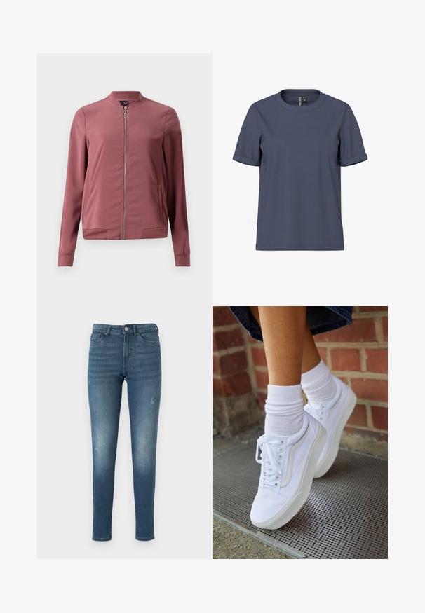 Veste bomber légère de couleur bordeaux avec un col rond, fermeture éclair avant et deux poches latérales. Présente des poignets et un ourlet côtelés pour un look ajusté.; T-shirt en coton bleu à manches courtes avec revers roulés et col rond, présenté sur un fond blanc.; Jean en denim bleu à coupe slim, présentant des zones décolorées, cinq poches et une fermeture à bouton. Le tissu a une texture lisse et légèrement usée.; Baskets en toile blanches avec semelles en caoutchouc, dotées de six œillets, d'un bout rond et de détails de couture légers, portées avec des chaussettes blanches mi-mollet.