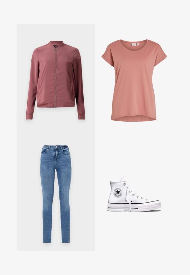 Veste bomber légère de couleur bordeaux avec un col rond, fermeture éclair avant et deux poches latérales. Présente des poignets et un ourlet côtelés pour un look ajusté.; T-shirt rose femme à manches courtes avec encolure ronde et bords de manches retroussés, design uni et ourlet légèrement arrondi.; Jeans skinny en denim bleu clair avec un design classique. Comprend cinq poches, des passants de ceinture et une texture légèrement délavée.; Baskets blanches montantes Converse Chuck Taylor All Star avec des rayures noires et un patch logo sur le côté, présentées sur un fond blanc uni.