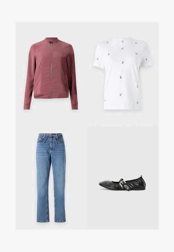 Letthvægts, kastanjemaroon bomberjakke med rund krave, frontlynlås og to sidelommer. Har ribbede manchetter og kant for et tætsiddende look.; Hvid bomulds t-shirt med korte ærmer, der har spredt rød kirsebærbroderi og grønne stilke som nøgle dekorative detaljer.; Lyseblå denimjeans med lige pasform, høj talje, der har en frontsløjfe og klassisk fem-lomme design. Struktureret overflade med subtile falmninger.; Sorte læder flade sko med spids tå, samling detaljer omkring åbningen, og en sølv spænde accent på den justerbare rem.