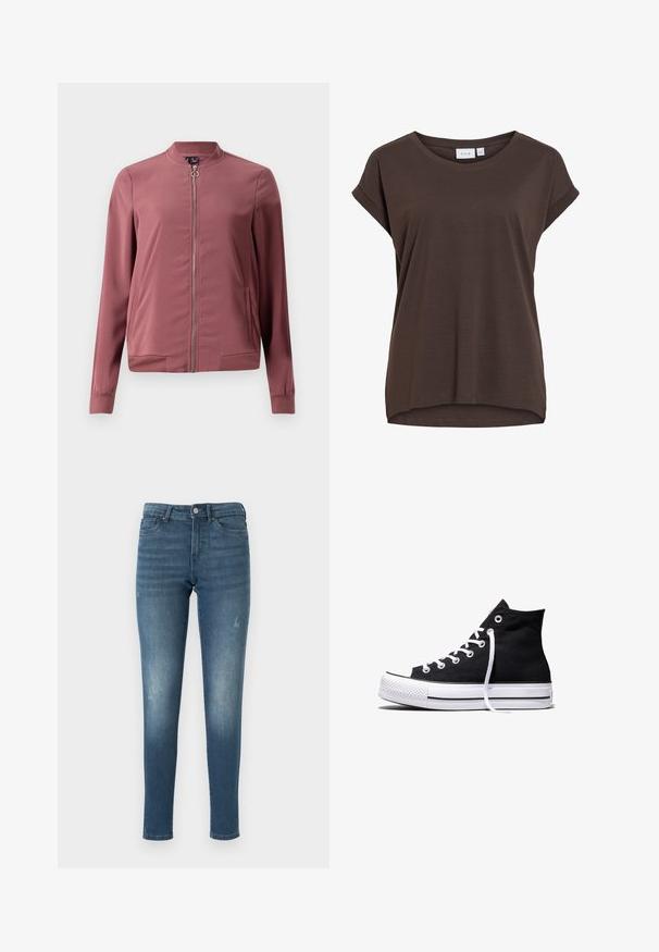 Veste bomber légère de couleur bordeaux avec un col rond, fermeture éclair avant et deux poches latérales. Présente des poignets et un ourlet côtelés pour un look ajusté.; T-shirt marron à manches courtes, coupe ample, col rond et bords subtilement roulottés, en tissu doux.; Jean en denim bleu à coupe slim, présentant des zones décolorées, cinq poches et une fermeture à bouton. Le tissu a une texture lisse et légèrement usée.; Baskets montantes en toile noire avec semelle en caoutchouc blanche et lacets blancs, vues de côté sur un fond blanc.