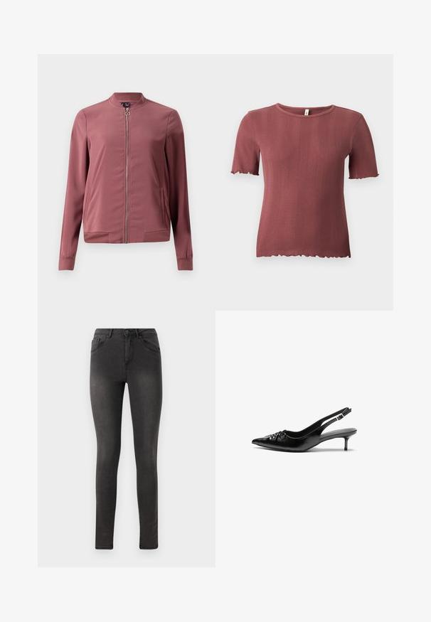 Letthvægts, kastanjemaroon bomberjakke med rund krave, frontlynlås og to sidelommer. Har ribbede manchetter og kant for et tætsiddende look.; Kortærmet, ribstrikket top i støvet rosa med rund hals og diskret salatkant ved ærmer og kant.; Sorte skinny jeans med en glat denim texture, fem-lomme design og en metal knaplukning i taljen.; Sorte læder slingback-pumps med spids tå, lav kitten-hæl og rynket detalje på overdelen. Glat tekstur og minimalistisk design.