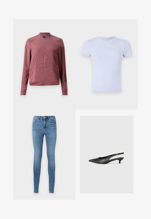 Letthvægts, kastanjemaroon bomberjakke med rund krave, frontlynlås og to sidelommer. Har ribbede manchetter og kant for et tætsiddende look.; Good American SUPER STRETCH BABY TEE - T-shirts basic - periwinkle; Blå høj talje skinny jeans med forlommer, bæltestropper, knaplukning og subtil falmning på lår og knæ.; Sorte spidse slingback-sko lavet af glat læder. Har en tynd hæl og en spænde detalje på den justerbare rem.