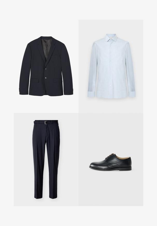 Blazer bleu marine foncé avec deux boutons, revers crantés, poche poitrine, deux poches avant à rabat et poignets boutonnés, présenté à plat sur fond blanc.; Chemise homme bleu clair à manches longues, fermeture boutonnée sur le devant, col pointu et motif à carreaux discret.; Pantalon sur mesure à fines rayures bleu marine avec une ceinture assortie et une boucle rectangulaire argentée, présenté à plat sur un fond clair.; Calvin Klein ESS DERBY - Derbies - triple black