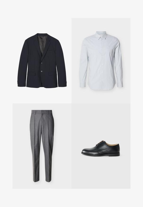 Blazer bleu marine foncé avec deux boutons, revers crantés, poche poitrine, deux poches avant à rabat et poignets boutonnés, présenté à plat sur fond blanc.; Chemise à manches longues avec rayures bleu clair, fabriquée en coton. Elle présente un col classique, une patte de boutonnage et des poignets réglables. Logo discret sur la poitrine.; Pantalon de tailleur gris avec plis et passants pour ceinture, présenté à plat sur un fond blanc.; Calvin Klein ESS DERBY - Derbies - triple black