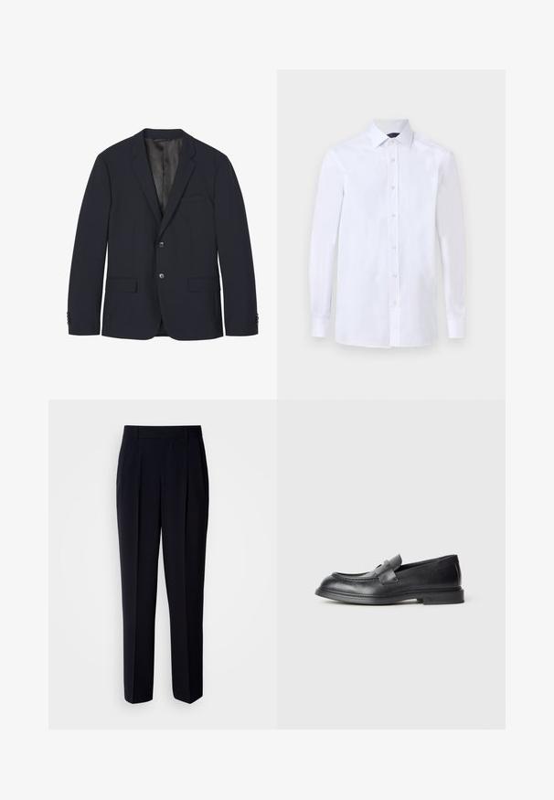 Blazer bleu marine foncé avec deux boutons, revers crantés, poche poitrine, deux poches avant à rabat et poignets boutonnés, présenté à plat sur fond blanc.; Chemise blanche à manches longues pour homme avec boutonnières devant et col pointu, présentée sur un fond uni.; Pantalon bleu marine à plis sur le devant, coupe ajustée et tissu à texture lisse, avec des passants pour ceinture et une coupe droite.; Mocassins en cuir noir avec une finition texturée, dotés d'une bride décorative à l'avant et d'un bout arrondi. Semelle en caoutchouc pour plus de durabilité.