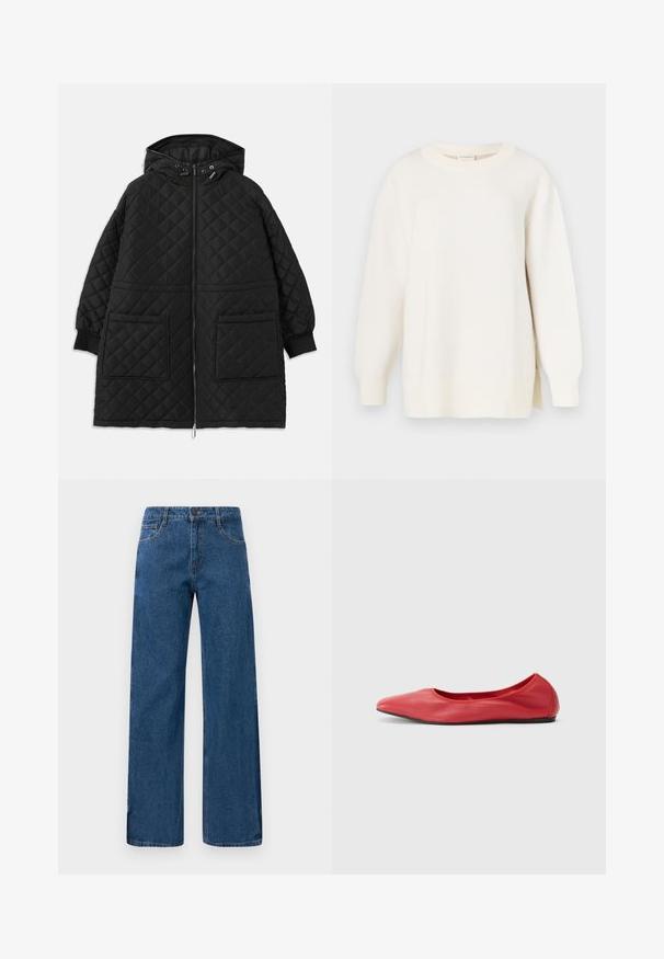 Sort, quiltet hættejakke med frontlynlås, to store påsyede lommer, manchetter ved ærmerne og justerbare snore i hætten.; Kremfarvet sweater med tekstureret strik, rund halsudskæring og en let oversized pasform. Har lange ærmer og sidesplitter ved kanten.; Blå højtaljede vide ben-jeans med for- og baglommer, knaplukning og synlig syning på en hvid baggrund.; Filippa K REY FLATS - Ballerinasko - bright red