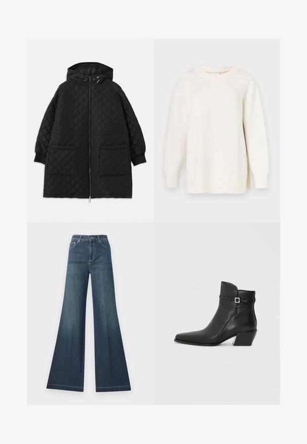 Sort, quiltet hættejakke med frontlynlås, to store påsyede lommer, manchetter ved ærmerne og justerbare snore i hætten.; Kremfarvet sweater med tekstureret strik, rund halsudskæring og en let oversized pasform. Har lange ærmer og sidesplitter ved kanten.; Bredde mørkeblå jeans med høj talje, lavet af denim, med knaplukning og kontrastsyninger langs sømmene.; Sorte læder ankelstøvler med spids tå, en lav blokhæl og en dekorativ rem med en sølvspænde accent. Glat tekstur.