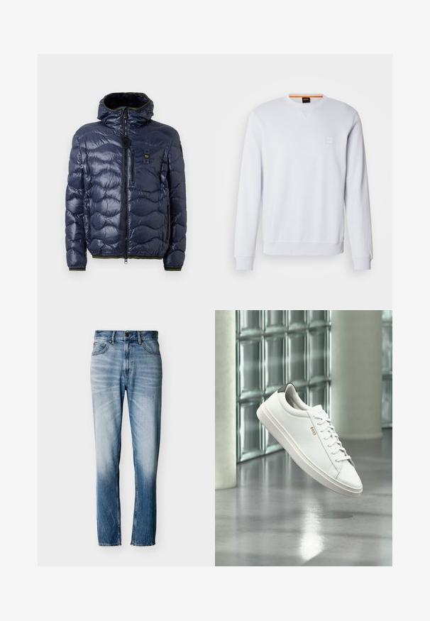 Chaqueta tipo plumón navy con acabado brillante, patrón acolchado, cierre por cremallera, capucha ajustable y bolsillos laterales. Cuenta con acentos en negro y amarillo.; Sudadera blanca con mangas largas, cuello redondo y un discreto parche con el logo. Textura suave y puños y dobladillo acanalados para un ajuste ceñido.; Vaqueros azules desgastados de pierna recta con cinco bolsillos, cierre de botón y trabillas para cinturón, mostrados extendidos sobre un fondo blanco.; Zapatilla deportiva de piel blanca de corte bajo con cordones, lengüeta negra en el talón y logo "BOSS", flotando en interiores cerca de una pared de bloques de vidrio y suelo pulido.