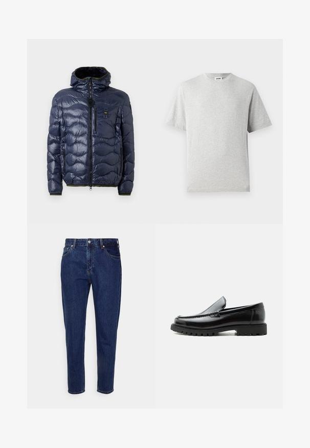 Doudoune marine avec finition brillante, motif matelassé, fermeture éclair, capuche amovible et poches latérales. Présente des accents noirs et jaunes.; T-shirt gris à manches courtes en tissu doux. Il présente un col rond, une coupe décontractée, et ne comporte ni motifs ni logos. Texture lisse sur l'ensemble.; Jean droit en denim bleu foncé avec fermeture à bouton et zip à l'avant, passants pour ceinture, poches avant et arrière.; Mocassin en cuir noir avec semelle en caoutchouc épaisse, dessus cousu et nom de marque embossé sur le talon, présenté de profil sur fond blanc.