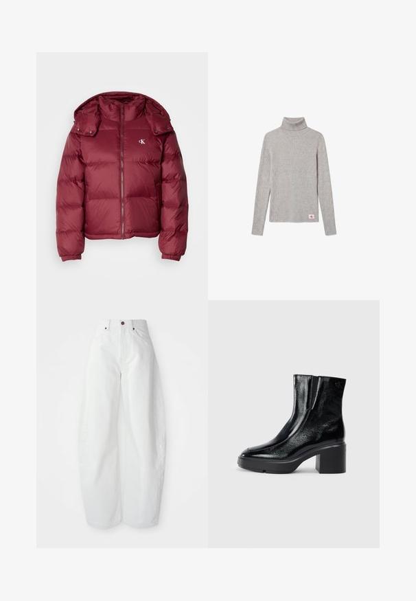 Bordeaux pufferjakke med lynlås foran, aftagelig hætte, ribbede manchetter og Calvin Klein-logo på brystet. Glat, blank overflade.; Lysegrå ribbet langærmet rullekravesweater med et lille rødt og hvidt CK-logo nær nederste kant.; Højtaljede hvide denimbukser med løs pasform. Har en knaplukning, sidelommer og et minimalistisk design. Glat tekstur.; Sorte patenterede læderankelstøvler med en buet tå, elastiske sidepaneler og en kraftig blokhæl. Har et præget logo på bagsiden.