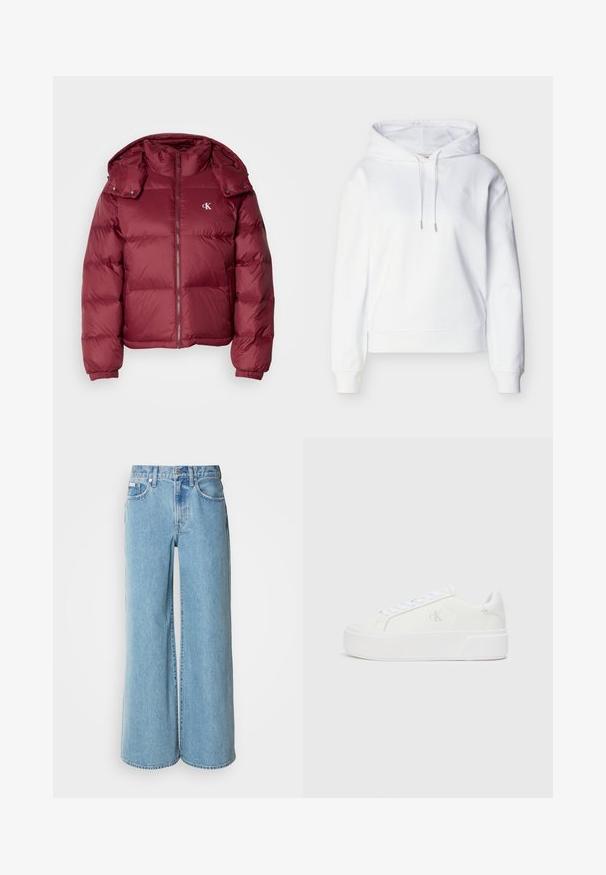Bordeaux kleurige pufferjack met een rits aan de voorkant, afneembare capuchon, geribbelde boorden en het Calvin Klein-logo op de borst. Soepele, glanzende textuur.; Witte hoodie met lange mouwen, trekkoorden, geribbelde manchetten en zoom, en een subtiel "ck" logo op de linkerborst.; Lichtblauwe wijde jeans van denim, met een hoge taille, vijf pockets en subtiele vervaging langs de stof.; Witte platform sneakers met een gladleren bovenkant, ronde neus, witte veters en subtiele logodetail aan de zijkant. Platte rubberen zool.