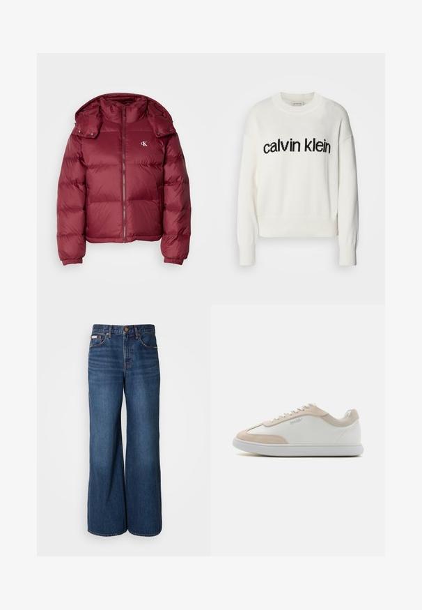 Burgunderfarbene Pufferjacke mit Reißverschluss vorne, abnehmbarer Kapuze, gerippten Bündchen und dem Calvin Klein-Logo auf der Brust. Glatte, glänzende Textur.; Weißer Strickpullover mit rundem Ausschnitt und langen Ärmeln, ausgestattet mit einem schwarzen "calvin klein" Logo auf der Brust. Weiche Textur, cropped Schnitt.; Weite Jeans aus dunkelblauem Denim. Merkmale sind eine hohe Taille, fünf Taschen und kontrastierender orangefarbener Stitching entlang der Nähte.; Weiße Ledersneaker mit beigen Wildleder-Akzenten und weißen Schnürsenkeln. Sie verfügen über eine runde Zehenform und eine gepolsterte Sohle für zusätzlichen Komfort.