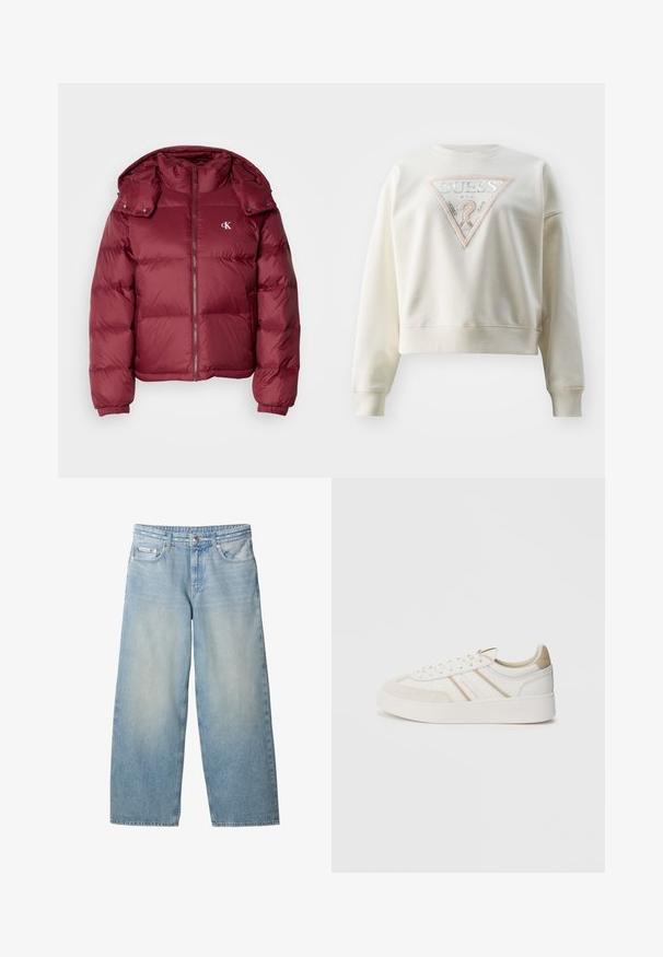 Bordeaux pufferjakke med lynlås foran, aftagelig hætte, ribbede manchetter og Calvin Klein-logo på brystet. Glat, blank overflade.; Cremefarvet sweatshirt med en cropped design, der har en trekantet stoflap med "GUESS" logoet og broderede detaljer.; Lyseblå jeans med vide ben, foran knap, lynlås, bæltestropper og Calvin Klein-logo på lille forlomme.; Hvide sneakers med beige ruskindsdetaljer, tre diagonale striber, rund tå, flad sål og tekstureret overflade. Branding på siden og hælen.