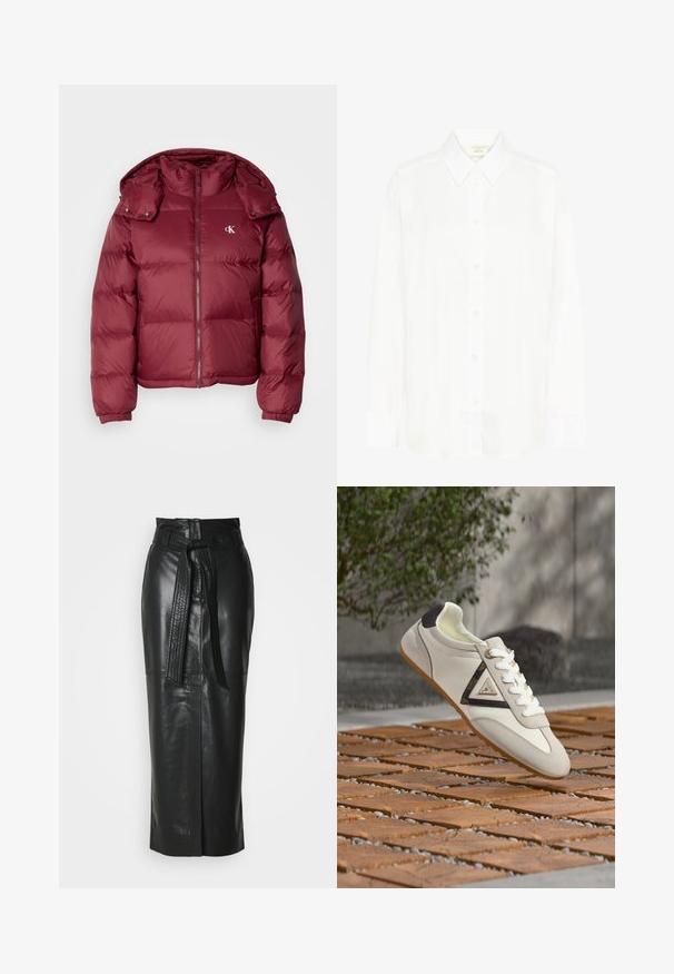 Bordeaux pufferjakke med lynlås foran, aftagelig hætte, ribbede manchetter og Calvin Klein-logo på brystet. Glat, blank overflade.; Hvid langærmet skjorte med knapper, klassisk krave og almindelig pasform. Fremstillet af glat stof med otte knapper ned foran.; Sort lædernederdel med høj talje, bæltedetalje og lige snit. Har en diskret glans og et front-slids for bevægelsesfrihed.; Hvid sneaker med ruskindsd detaljer, sort hælpatch og trekantet logo på siden, vist over tekstureret træ- og stenbelægning.